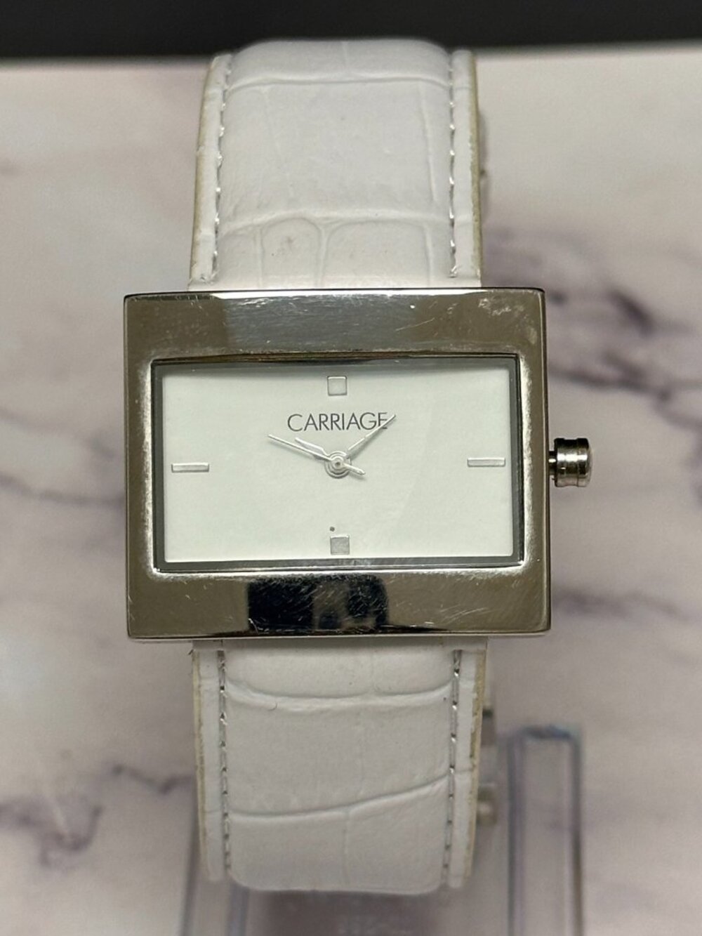 Carriage Watch Women Silver Tone Wide White Leather Band New Battery